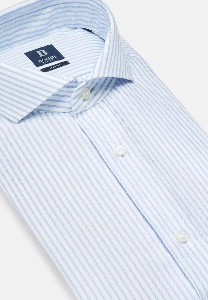 Fertigung Hemd Mit Azurblauen Streifen Aus Baumwolle Slim Fit Klassische Hemden Herren Boggi Milano - 4