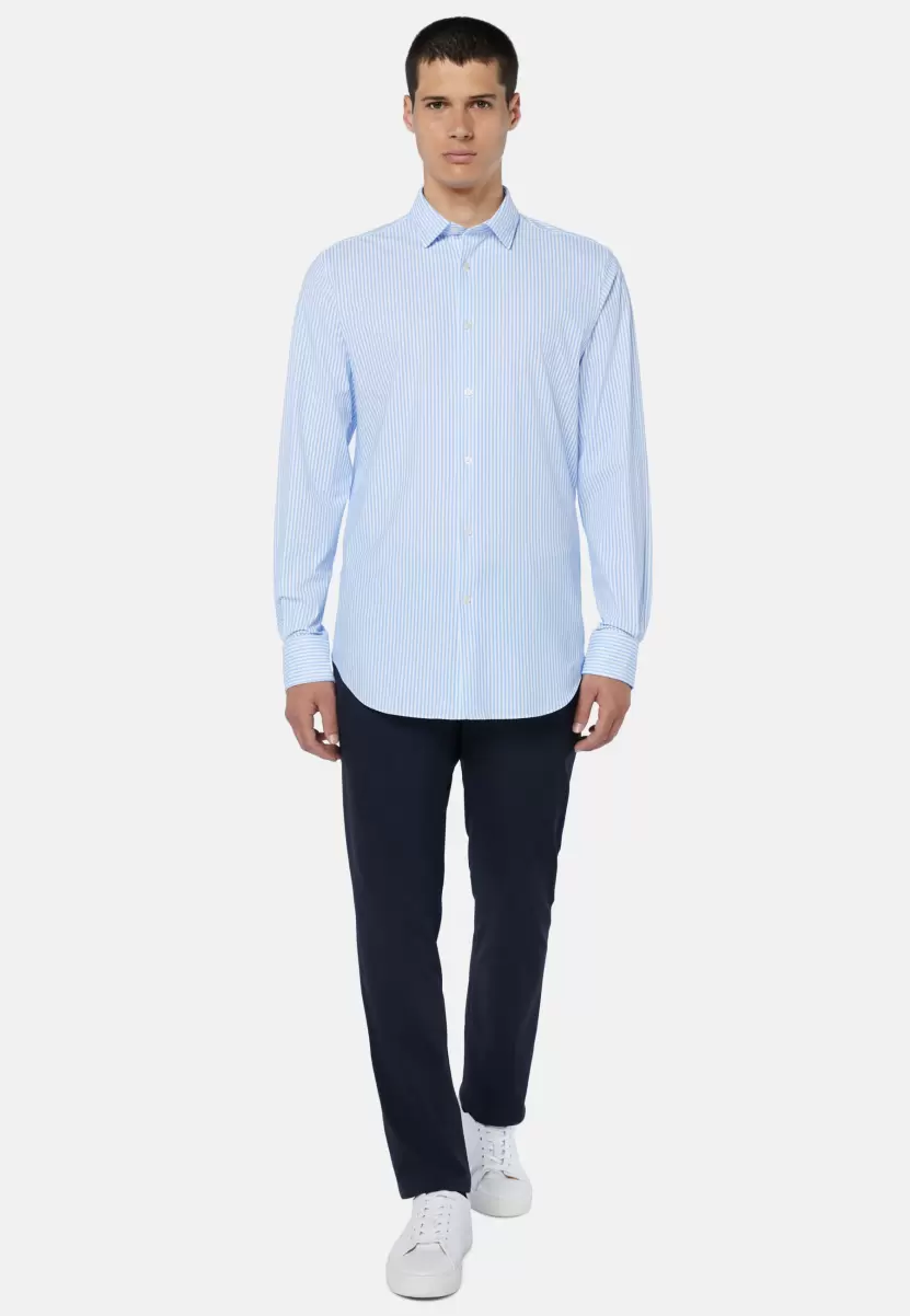Herren Freizeit Hemden Ware Blaues Hemd Aus Stretch-Nylon Slim Fit Boggi Milano